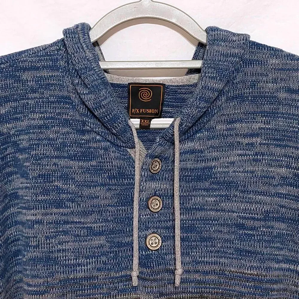 F/X Fusion Men's XXL Pullover Striped Knit Hoodie Sweater Button Up‎ Blue Gray